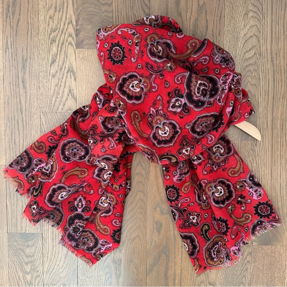 J. Crew 100% Wool Paisley Printed Lightweight Scarf in Red, Black 80